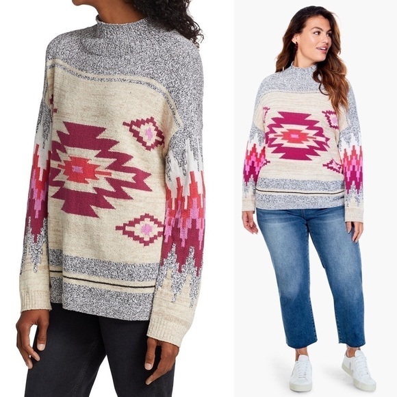 NWT NIC + ZOE Aztec Southwestern Striped Knit Mock Turtleneck Pullover Sweater M - Picture 5 of 13